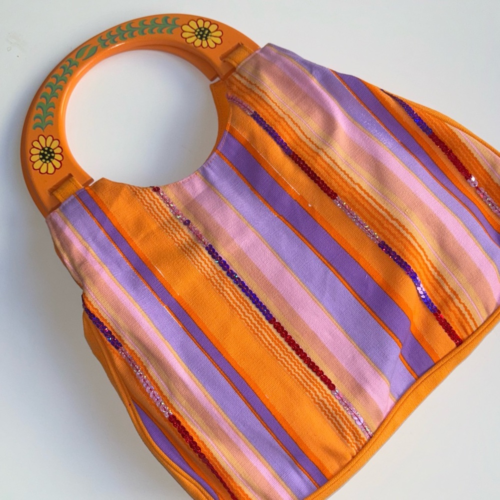 Hand-Painted Wooden Handle Boho Striped Bag - Picture 4 of 9